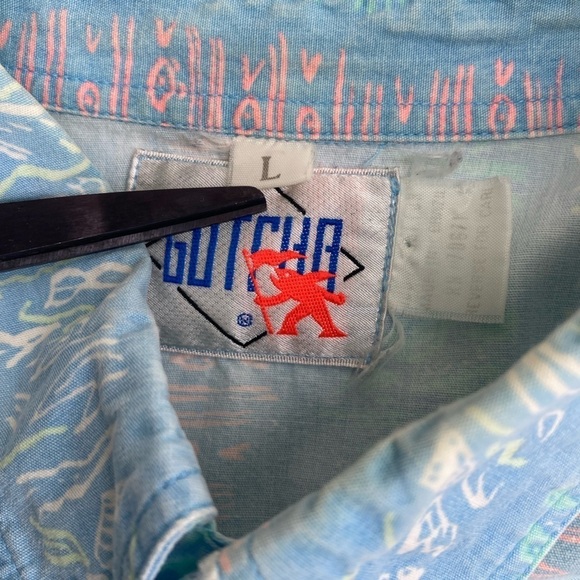 Vintage Gotcha Short Sleeve Faded Reverse Blue Casual Button Down Shirt Sz Lg - Picture 7 of 10